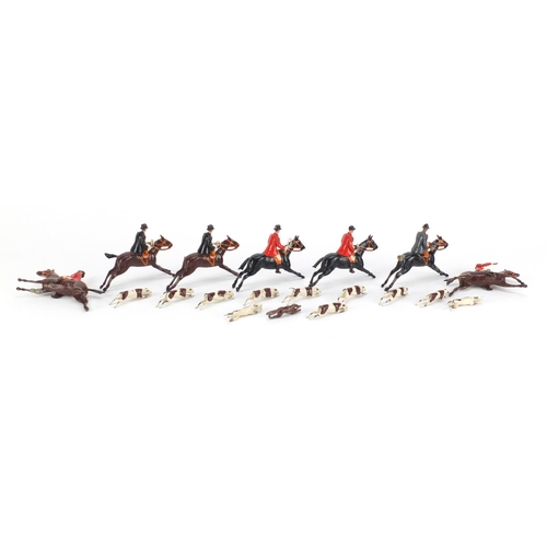 361 - Britains hand painted lead hunting figures including huntsman, huntswoman, hounds and a fox