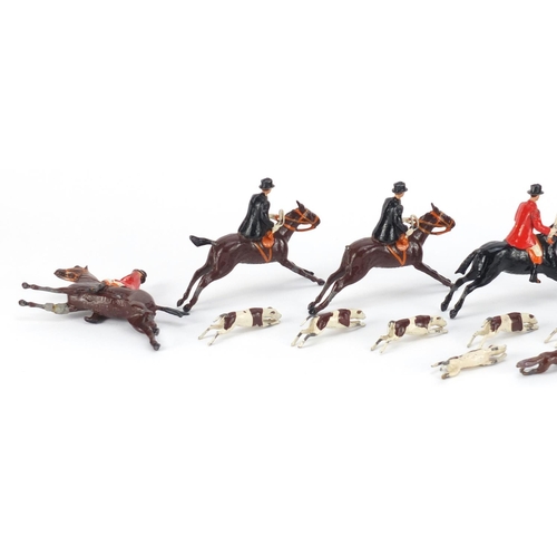 361 - Britains hand painted lead hunting figures including huntsman, huntswoman, hounds and a fox
