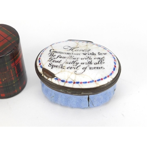 41 - Antique objects comprising an 18th century Bilston enamel patch box, Tunbridge Ware box and Tartanwa... 