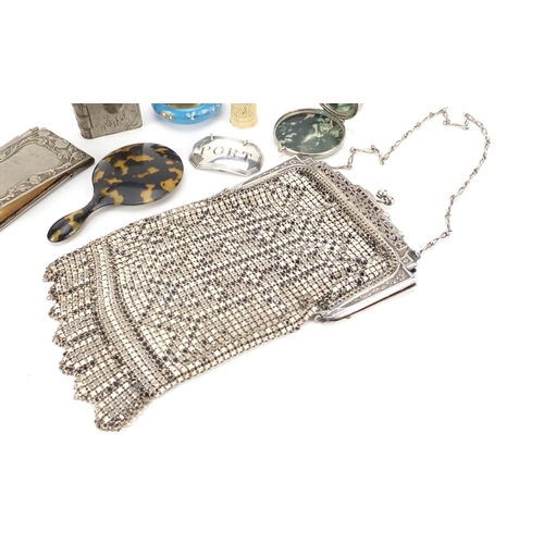 58 - Objects including Georgian silver port decanter label, 1920's chain link purse with silver coloured ... 
