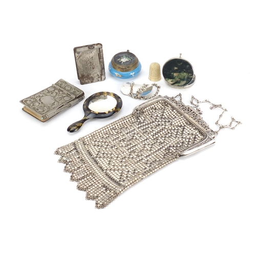 58 - Objects including Georgian silver port decanter label, 1920's chain link purse with silver coloured ... 