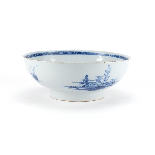 778 - 18th century English Delft bowl, hand painted in the Chinese manner with landscapes, 22.5cm in diame... 