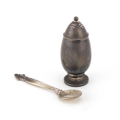 935 - Miniature Danish silver caster and mustard spoon by Georg Jensen, the caster designed by Gundorph Al... 