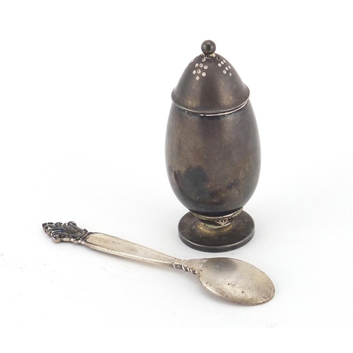 935 - Miniature Danish silver caster and mustard spoon by Georg Jensen, the caster designed by Gundorph Al... 