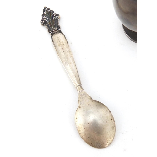 935 - Miniature Danish silver caster and mustard spoon by Georg Jensen, the caster designed by Gundorph Al... 