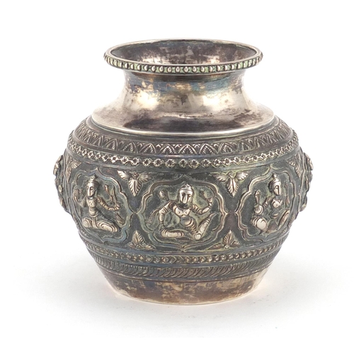 700 - Indian silver squatted vase embossed with deities, 9.5cm high, 145.2g