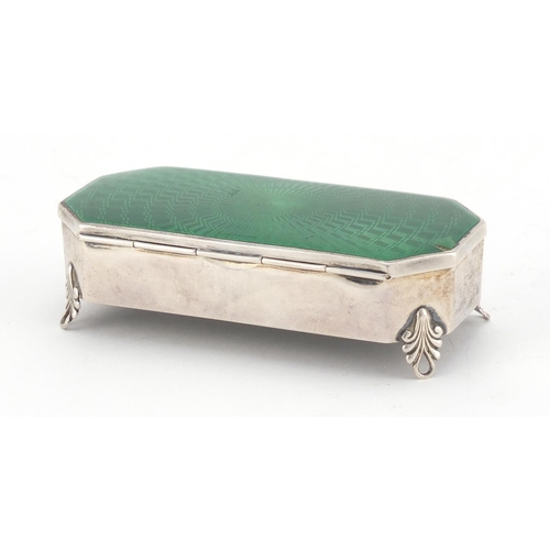 898 - Rectangular silver and green guilloche enamel jewel box, indistinct makers mark, Birmingham 1931, 9.... 