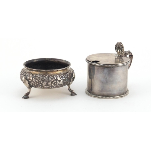 950 - Victorian silver mustard with blue glass liner and a Victorian silver open salt, London hallmarks, t... 