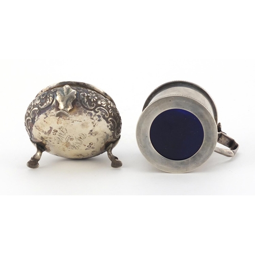 950 - Victorian silver mustard with blue glass liner and a Victorian silver open salt, London hallmarks, t... 