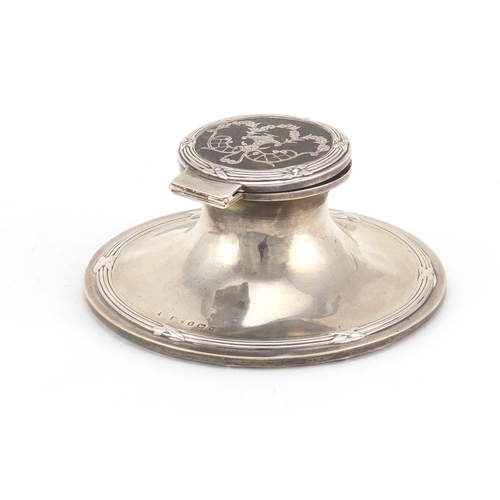 899 - Edwardian silver Capstan inkwell with tortoiseshell piqué work lid, indistinct makers mark, Birmingh... 
