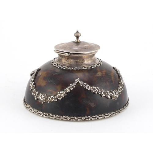 54 - Edwardian tortoiseshell and cut glass inkwell with silver mounts by Apsrey & Co, decorated in relief... 