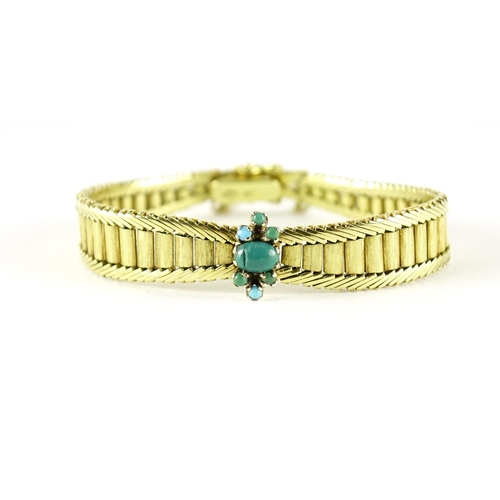 993 - Continental 18ct gold turquoise bracelet with graduated flattened links, 16cm in length, 32.8g