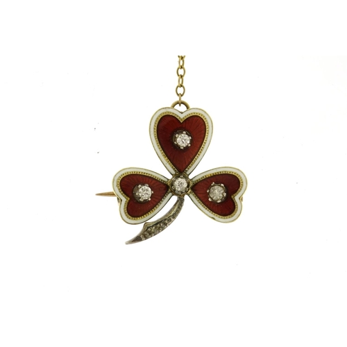 969 - Unmarked gold guilloche enamel clover brooch set with diamonds, 2.5cm in length, 5.5g