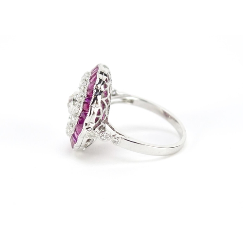 980 - Platinum ruby and diamond halo cocktail ring, size N, 5.4g
