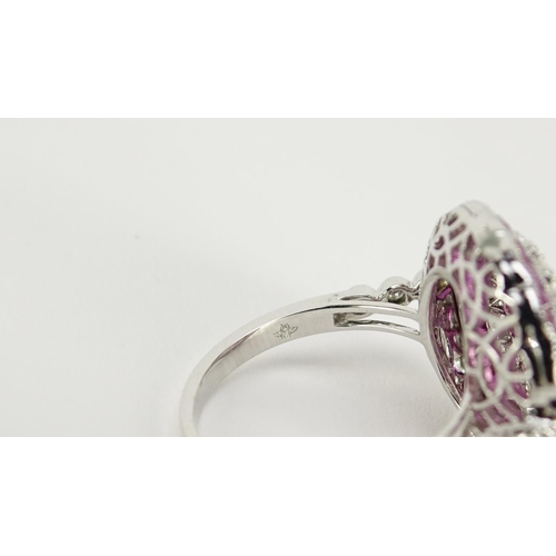 980 - Platinum ruby and diamond halo cocktail ring, size N, 5.4g