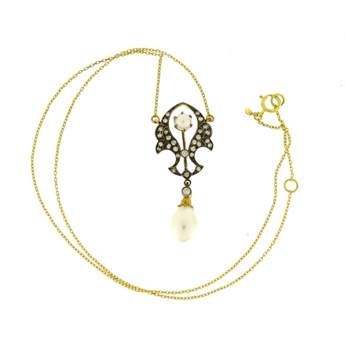 986 - Antique style 9ct gold necklace set with diamonds and cultured pearls, 40cm in length, 4.2g