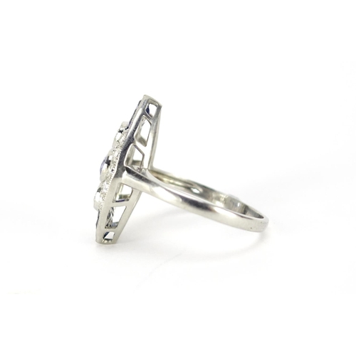 966 - Art Deco style platinum sapphire and diamond ring, size N, 4.9g