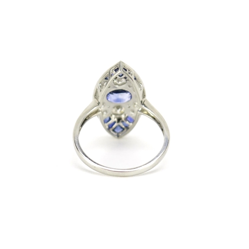 966 - Art Deco style platinum sapphire and diamond ring, size N, 4.9g