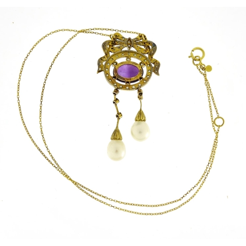 1006 - Antique style 9ct gold necklace set with cabochon amethyst, diamonds, seed pearls and cultured pearl... 