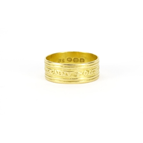 1001 - Georgian 22ct gold mourning ring with cast inscription Ann Plumpton CB 1 June 1800 AE70, size N, 3.9... 