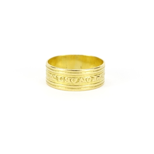 1001 - Georgian 22ct gold mourning ring with cast inscription Ann Plumpton CB 1 June 1800 AE70, size N, 3.9... 