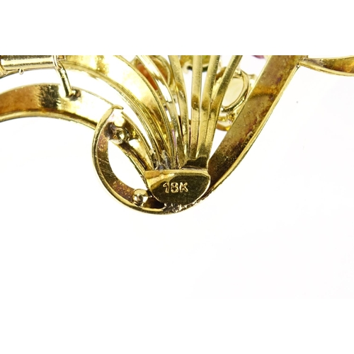 979 - Continental 18k gold multi gem floral spray brooch, 6.5cm in length, 18.6g