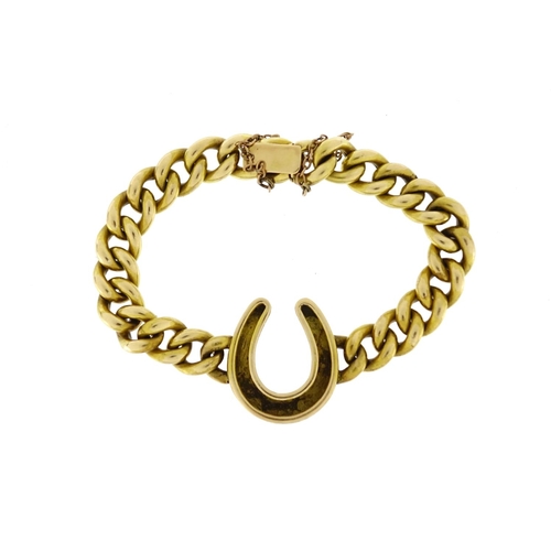 983 - Victorian unmarked gold and seed pearl horse shoe bracelet, tests as 15ct gold, 16cm in length, 23.4... 
