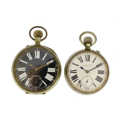 1233 - Two gentleman's Goliath pocket watches, one retailed by A Barrett & Sons, the largest 7.5cm in diame... 