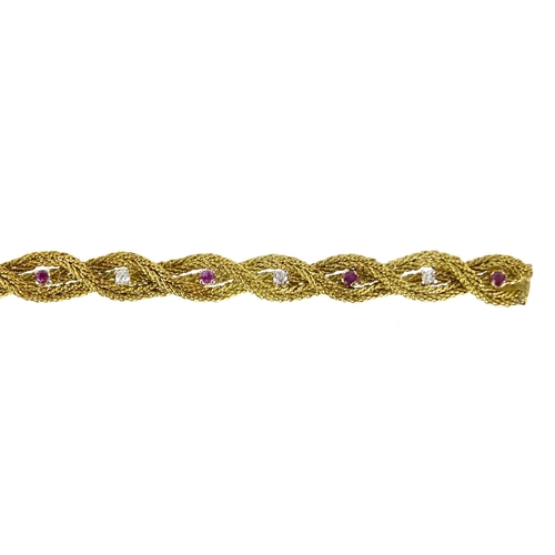 1004 - Good quality 14ct gold rope twist bracelet set with diamonds and rubies, P V makers mark, 18cm in le... 