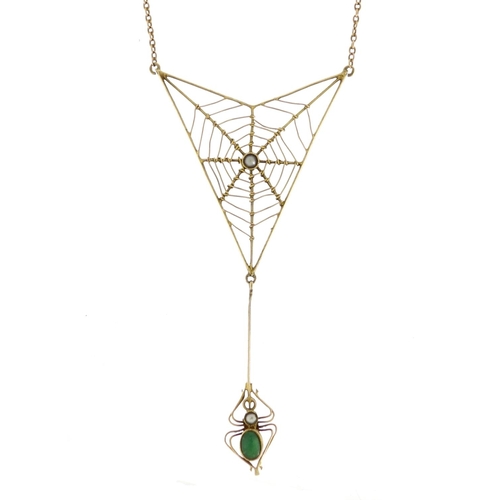 963 - Art Nouveau 9ct gold spider web necklace by Murrle Bennett & Co, the spider set with a turquoise and...