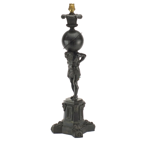 2 - Attributed to Thomas Messenger, 19th century patinated bronze Atlas lamp, raised on an octagonal pli... 