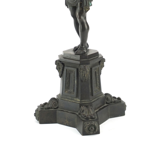 2 - Attributed to Thomas Messenger, 19th century patinated bronze Atlas lamp, raised on an octagonal pli... 