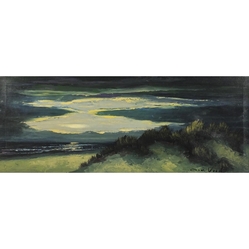 1460 - Coastal scene, oil on canvas, bearing a signature Osw Wood, framed, 99cm x 39.5cm