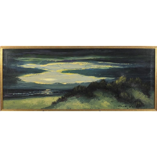 1460 - Coastal scene, oil on canvas, bearing a signature Osw Wood, framed, 99cm x 39.5cm