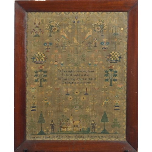 79 - Victorian needle work sampler by Susanah Clark aged 12 years, finished January 16th 1852, framed, 42... 