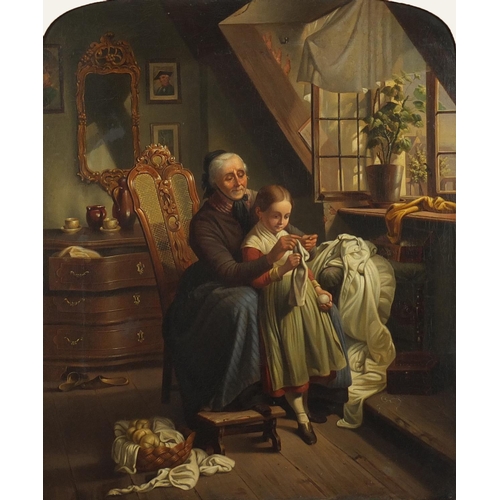 1259 - Grandma sewing with a young girl, early 19th century oil on canvas, mounted and framed, 44.5cm x 37c... 
