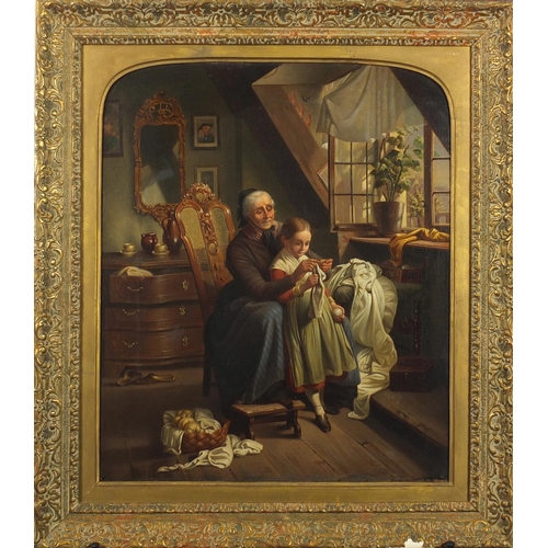 1259 - Grandma sewing with a young girl, early 19th century oil on canvas, mounted and framed, 44.5cm x 37c... 