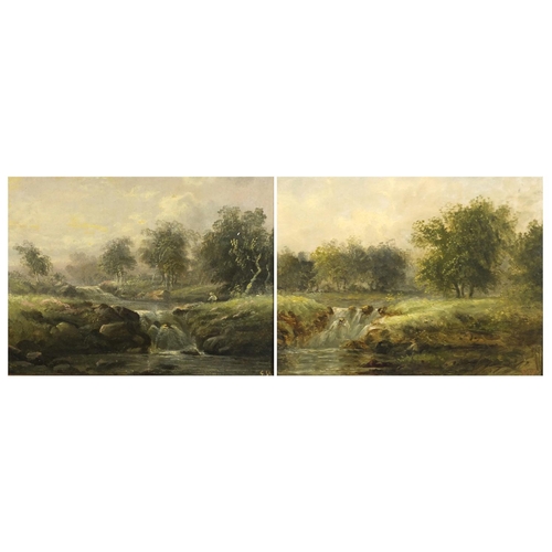 1453 - Fishermen beside waterfalls, pair of 19th century English school oil on boards, each bearing a monog... 