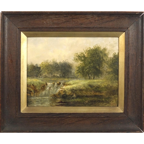 1453 - Fishermen beside waterfalls, pair of 19th century English school oil on boards, each bearing a monog... 