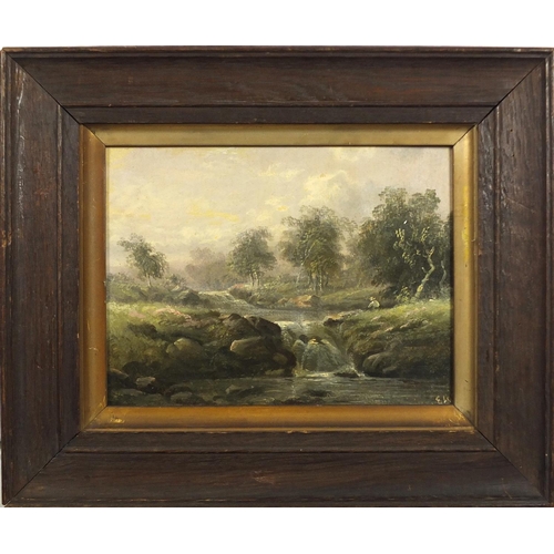 1453 - Fishermen beside waterfalls, pair of 19th century English school oil on boards, each bearing a monog... 