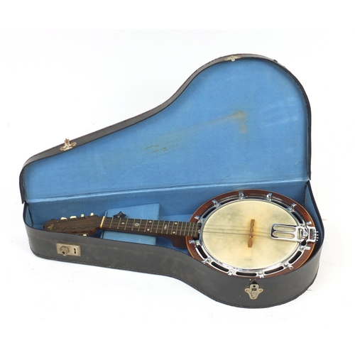 174 - British made rosewood banjo mandolin with carrying case, 62cm in length
