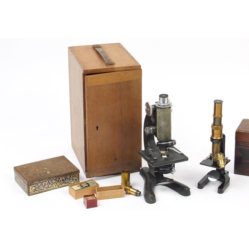 65 - Scientific instruments comprising student microscopic slides, some prepared by Newton Co, Beck of Lo... 