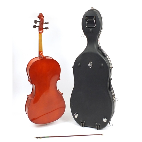 175 - Full size cello with bow and Stagg protective travelling case, the cello back 30.5inch in length