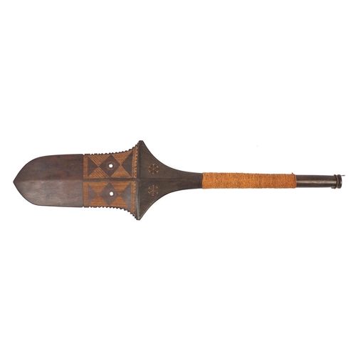 727 - Fijian Culacula paddle war club, finely carved with geometric motifs, 93.5cm in length