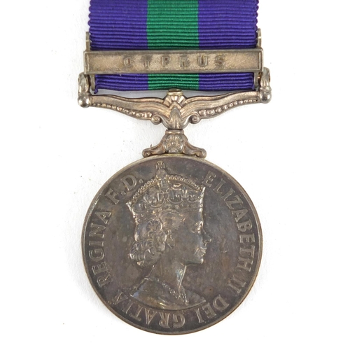 289 - British Military Elizabeth II Palestine medal with Cyprus bar with related ephemera, the medal award... 