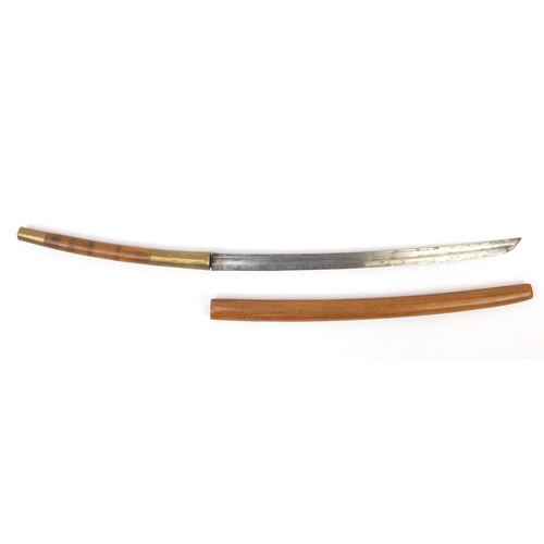 691 - Japanese brass mounted Wakizashi with steel blade, 83.5cm in length