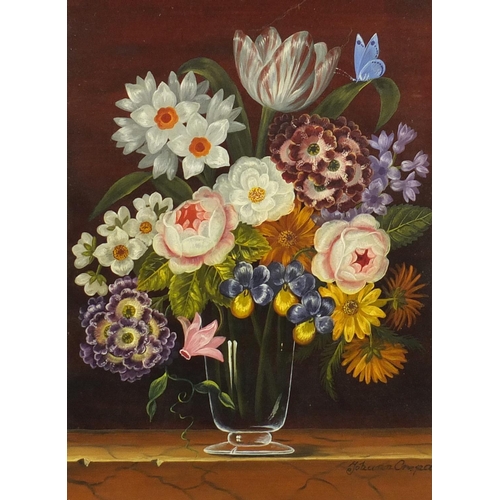 1283 - Johann Crepaz - Garden flowers, oil on board, inscribed label and Stacy Marks label verso, mounted a... 