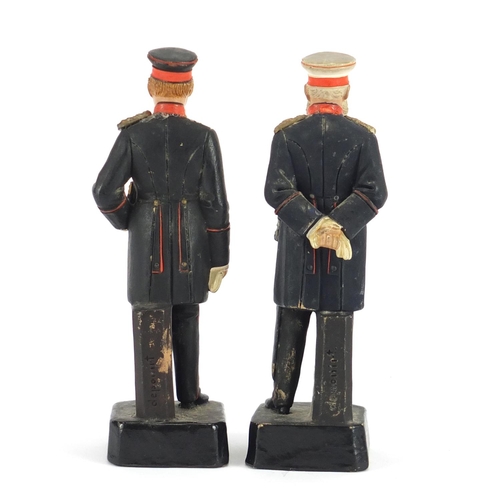 299 - Two German hand painted terracotta soldiers in Military dress by Deponirt, each 15cm high