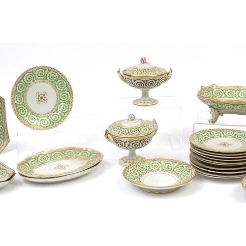 760 - Early 19th century English dinnerware including pedestal soup tureens, plates and dishes, the larges... 