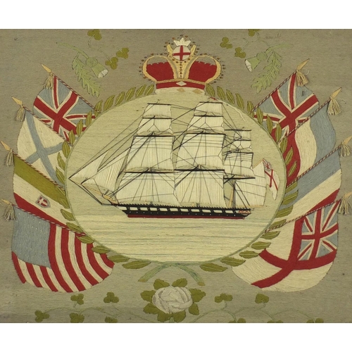 76 - Antique Naval interest sailors wool work picture depicting a rigged ship surrounded by eight flags, ... 